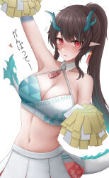 Rule 34 | 1girl, absurdres, alternate costume, alternate hairstyle, arknights, arm up, bare shoulders, black hair, blue hair, blush, breasts, character name, cheering, cheerleader, cleavage, crop top, detached collar, dragon girl, dragon horns, dragon tail, dusk (arknights), embarrassed, frown, gradient hair, hand up, highres, horns, long hair, looking at viewer, medium breasts, midriff, millennium cheerleader outfit (blue archive), miniskirt, multicolored hair, namikare, navel, nervous, pleated skirt, pom pom (cheerleading), ponytail, red eyes, shirt, skirt, sleeveless, sleeveless shirt, slit pupils, solo, streaked hair, tail, tears, translation request, two-tone hair, two-tone shirt, unhappy, very long hair, white skirt