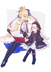 Rule 34 | 2girls, ahoge, armor, armored dress, artoria caster (fate), artoria caster (third ascension) (fate), artoria pendragon (fate), black bow, black capelet, black dress, black footwear, black gloves, black headwear, black neckwear, black pantyhose, black thighhighs, blonde hair, blue bow, book, boots, bow, bowtie, breastplate, capelet, closed eyes, commentary request, crown, dress, elbow gloves, facial mark, fate/extra, fate/grand order, fate (series), forehead mark, frilled skirt, frills, fur-trimmed capelet, fur trim, gloves, hair bow, hair ribbon, hat, highres, holding, holding book, long hair, multiple girls, mushroom, nursery rhyme (fate), open book, open mouth, pantyhose, parted bangs, red ribbon, ribbon, shayubi, sidelocks, sitting, skirt, smile, thighhighs, tongue, twintails, very long hair, wavy hair, white background, white capelet, white dress, white hair, wide sleeves
