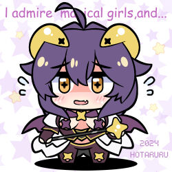 Rule 34 | 1girl, artist name, bat wings, blush, breasts, cape, chibi, copyright name, curled horns, demon girl, demon horns, elbow gloves, embarrassed, english text, eyebrows, fang, female focus, full body, gloves, hiiragi utena, holding, holding wand, horns, hotaruru, looking at viewer, low wings, magical girl, mahou shoujo ni akogarete, medium breasts, medium hair, nervous, open mouth, pants, pasties, purple background, purple gloves, purple hair, purple pants, purple pasties, purple sash, sash, short sleeves, shrug (clothing), simple background, skin fang, solo, standing, star-shaped pupils, star (symbol), star pasties, symbol-shaped pupils, two-tone background, two-tone sash, waist cape, wand, white background, white cape, white shrug, wings, yellow eyes, yellow horns, yellow sash