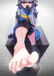 Rule 34 | 1girl, absurdres, barefoot, blue archive, blue eyes, boots, covering own mouth, feet, hand over own mouth, helmet, highres, looking at viewer, medium hair, saki (blue archive), school uniform, serafuku, shoes, single shoe, sitting, steam, toes, unworn shoes