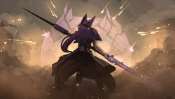 Rule 34 | 1girl, animal ears, bleeding, blood, boots, capelet, commentary, dress, embers, energy barrier, english commentary, female focus, fighting stance, firing, fox ears, fox tail, highres, kurin (rimworld), lance, long hair, multiple tails, polearm, ponytail, projectile trail, purple dress, purple hair, ricocheting, rimworld, science fiction, shield, shuuko (s h uuko), skirt, smoke, solo, tail, tracer ammunition, projectile trail, weapon
