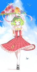 Rule 34 | 1girl, ascot, bird, bug, butterfly, checkered clothes, checkered skirt, closed eyes, cloud, dress, flower, green hair, highres, insect, kazami yuuka, mary janes, pantyhose, parasol, plaid, reeh (yukuri130), shoes, short sleeves, skirt, sky, smile, solo, touhou, umbrella, vest, walking, white pantyhose