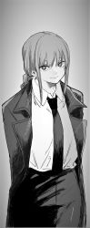 Rule 34 | 1girl, absurdres, arms behind back, bad id, bad pixiv id, black jacket, black necktie, black pants, braid, braided ponytail, breasts, business suit, chainsaw man, collared shirt, formal, grey background, greyscale, high-waist pants, highres, jacket, looking at viewer, makima (chainsaw man), medium breasts, medium hair, monochrome, necktie, neckwear request, open clothes, open jacket, pants, ringed eyes, shirt, shirt tucked in, simple background, smile, solo, suit, tuyusiro1, white shirt
