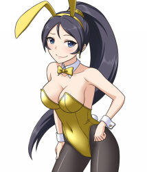 Rule 34 | 10s, 1girl, animal ears, black hair, blue eyes, bow, bowtie, breasts, cleavage, detached collar, fake animal ears, idolmaster, idolmaster cinderella girls, large breasts, long hair, pantyhose, pataneet, playboy bunny, ponytail, rabbit ears, rabbit tail, solo, sugisaka umi, tail, wrist cuffs