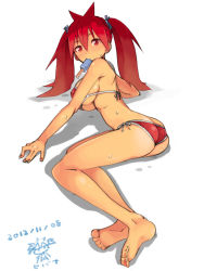 Rule 34 | 1girl, ass, barefoot, bikini, breasts, butt crack, dated, feet, food, large breasts, lying, mouth hold, on side, original, popsicle, red eyes, red hair, side-tie bikini bottom, sideboob, skindentation, solo, swimsuit, takayama toshinori, thighs, twintails, underboob, wet