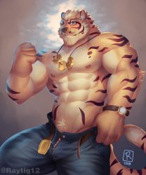 1boy, abs, alternate costume, animal ears, bara, bare pecs, beige fur, belt, blue eyes, bulge, cowboy shot, denim, furry, gyee, highres, jeans, large pectorals, lin hu (nekojishi), looking at viewer, male focus, muscular, muscular male, navel, nekojishi, nipples, open belt, open pants, orange fur, pants, pants pull, pulled by self, red male underwear, shirtless, short hair, solo, stomach, tail, thick thighs, thighs, tiger boy, tiger ears, tiger stripes, tiger tail, tigre (raytig12), undressing