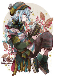 Rule 34 | 1boy, artist name, bloomminority, blue eyes, blue hair, braid, facing to the side, fantasy, grey background, hat, highres, light blue hair, long sleeves, looking down, male focus, multicolored background, original, reading, solo, star (symbol), steampunk, twitter username, white background