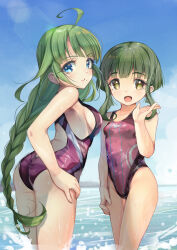 Rule 34 | 2girls, absurdres, ass, beach, blue eyes, bob cut, braid, breasts, brown eyes, competition swimsuit, day, green hair, highleg, highleg swimsuit, highres, kantai collection, long hair, looking at viewer, medium breasts, mole, mole under mouth, multiple girls, ocean, one-piece swimsuit, purple one-piece swimsuit, short hair, short hair with long locks, single braid, small breasts, swimsuit, takanami (kancolle), very long hair, water, wavy hair, yashin (yasinz), yuugumo (kancolle)