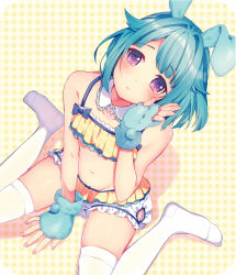Rule 34 | 10s, 1boy, 3:, animal ears, bare shoulders, between legs, bloomers, blue bow, blue gloves, blue hair, blush, bow, bow bloomers, closed mouth, crop top, crossdressing, detached collar, ensemble stars!, eyebrows, fingerless gloves, from above, fur gloves, fur trim, gloves, groin, hair flaps, hand between legs, looking at viewer, male focus, midriff, navel, no shoes, plaid, plaid background, purple eyes, rabbit ears, rinndouk, shino hajime, sitting, sleeveless, smile, solo, spaghetti strap, stomach, thighhighs, trap, underwear, wariza, white thighhighs, yellow background