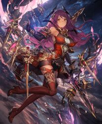 1girl armpits bare_shoulders blush boots breasts bridal_gauntlets charon_(shadowverse) dress floating floating_object full_body halter_dress halterneck high-low_skirt high_heel_boots high_heels holding holding_polearm holding_weapon large_breasts lm7_(op-center) long_hair looking_at_viewer magic night night_sky official_art outdoors pink_hair polearm red_dress red_eyes red_footwear shadowverse short_dress sky sleeveless smile solo straight_hair thigh_boots weapon