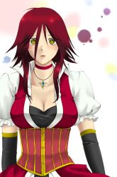 Rule 34 | 00s, 1girl, bad id, bad pixiv id, breasts, choker, cleavage, corset, elbow gloves, gloves, highres, izayoi aki, jewelry, large breasts, long hair, mikimura shika, necklace, red hair, solo, tears, unisonus, yellow eyes, yu-gi-oh!, yu-gi-oh! 5d&#039;s