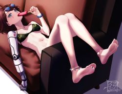 Rule 34 | 1girl, absurdres, anklet, bare legs, barefoot, blue eyes, bracelet, brown hair, couch, eating, feet, food, highres, jewelry, legs, looking at viewer, lying, mechanical arms, navel, on back, original, popsicle, scar, scar across eye, short hair, signature, single mechanical arm, soles, solo, sunglasses, sunglasses on head, suryua, toes