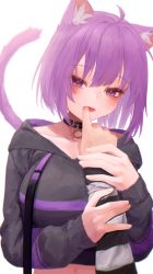 Rule 34 | 1girl, 1other, absurdres, ahoge, animal collar, animal ear fluff, animal ears, arm grab, biting, black collar, black hoodie, blush, breasts, cat ears, cat girl, cat tail, collar, collarbone, cropped hoodie, finger biting, hair between eyes, highres, holding another&#039;s arm, hololive, hood, hoodie, large breasts, long sleeves, looking at viewer, midriff, nanome to, navel, nekomata okayu, nekomata okayu (1st costume), pov, pov hands, purple eyes, purple hair, short hair, simple background, solo focus, tail, virtual youtuber, white background