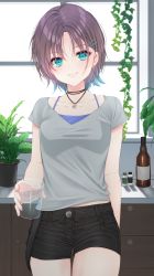 Rule 34 | 1girl, :3, aqua eyes, arm behind back, asakura toru, black hair, black shorts, blush, bottle, cabinet, collarbone, cup, drawer, ear piercing, grey shirt, hair ornament, hairclip, heart, heart necklace, highres, holding, holding cup, idolmaster, idolmaster shiny colors, indoors, jewelry, leaning on table, looking at viewer, necklace, parted bangs, piercing, plant, potted plant, shirt, short hair, short sleeves, shorts, smile, solo, tank top, v-neck, water, window, wine bottle, yoruhoshi owl