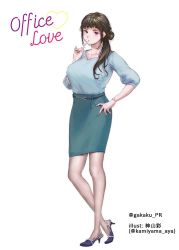 Rule 34 | 1girl, aqua skirt, belt, blue shirt, breasts, brown eyes, brown hair, english text, full body, hand on own hip, holding, holding pen, kamiyama aya, large breasts, long hair, looking at viewer, mole, mole under eye, nail polish, office lady, original, pantyhose, pen, pen to mouth, pencil skirt, pink nails, puffy sleeves, shirt, shoes, side ponytail, skirt, solo, standing, twitter username, watch, white background
