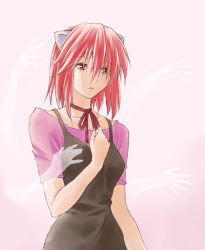Rule 34 | 00s, 1girl, choker, elfen lied, gradient background, hand on own chest, lucy (elfen lied), mid knight, nyuu, parted lips, red eyes, red hair, ribbon choker, solo, transparent