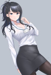 Rule 34 | 1girl, black hair, black pantyhose, blue eyes, blush, breasts, closed mouth, commentary request, ear piercing, formal, grey background, highres, id card, idolmaster, idolmaster shiny colors, kazano hiori, lanyard, long hair, medium breasts, mole, mole under mouth, office lady, pantyhose, pencil skirt, piercing, ponytail, shougun (chuckni1), simple background, skirt, skirt suit, solo, suit