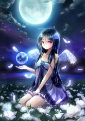 Rule 34 | 1girl, angel, angel wings, babydoll, bad id, bad pixiv id, bare arms, bare shoulders, black hair, cloud, collarbone, feathers, field, flower, flower field, full moon, glowing, glowing wings, hair flower, hair ornament, highres, lake, long hair, looking at viewer, moon, night, off shoulder, original, planet, red eyes, reflection, seiza, shironeko yuuki, sitting, sky, solo, star (sky), starry sky, strap slip, very long hair, wings