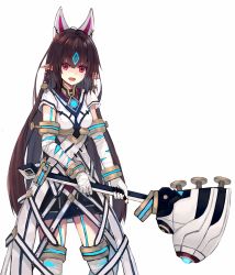 Rule 34 | 1girl, :d, armlet, bandaged arm, bandaged leg, bandages, black nails, black skirt, blue hair, breasts, brown hair, cowboy shot, earrings, fox mask, garter straps, gem, hammer, highres, holding, holding weapon, jewelry, kasandra (xenoblade), legs apart, long hair, looking at viewer, mask, mask on head, medium breasts, nail polish, natsuyuki, nintendo, open mouth, pink eyes, pointy ears, rope, short sleeves, skirt, slit pupils, smile, solo, standing, straight hair, two-handed, underbust, very long hair, waist cape, weapon, xenoblade chronicles (series), xenoblade chronicles 2