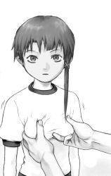 Rule 34 | 1boy, 1girl, artist request, grabbing another&#039;s breast, breasts squeezed together, breasts, grabbing, greyscale, groping, gym shirt, gym uniform, hair ornament, highres, iwakura lain, looking at viewer, medium breasts, monochrome, pov, serial experiments lain, shirt, short hair, short sleeves, small breasts, source request, standing, tagme, white background, x hair ornament