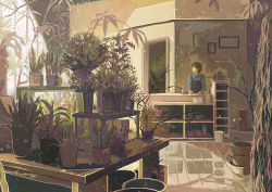 Rule 34 | 1boy, black hair, blue shirt, counter, day, door, gemi, grass, holding, holding pen, indoors, looking away, male focus, original, plant, pot, potted plant, shirt, shop, solo, standing