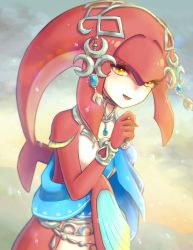 Rule 34 | 1girl, :d, agisato, colored skin, commentary request, fins, fish girl, flat chest, gem, hair ornament, hand up, head fins, jewelry, long hair, looking at viewer, mipha, monster girl, multicolored skin, necklace, nintendo, no eyebrows, open mouth, pointy ears, red hair, red skin, smile, solo, the legend of zelda, the legend of zelda: breath of the wild, two-tone skin, upper body, water drop, white skin, yellow eyes, zora