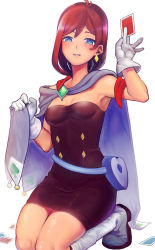 Rule 34 | 1girl, ace attorney, antenna hair, armpits, black dress, blue eyes, blush, boots, breasts, cape, card, cleavage, dress, earrings, gloves, grey cape, highres, holding, holding card, jewelry, knee boots, kneeling, long hair, looking at viewer, parted lips, red hair, shiny skin, short dress, simple background, sleeveless, sleeveless dress, small breasts, solo, straight hair, strapless, strapless dress, trucy wright, usatarou (annke-to), white background, white footwear, white gloves