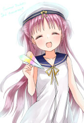 Rule 34 | 1girl, :d, ^ ^, absurdres, anniversary, arm at side, blue sailor collar, blush, closed eyes, collarbone, commentary, copyright name, dress, english commentary, fang, floating hair, hand up, happy, hat, highres, holding paper airplane, katou umi, long hair, neck ribbon, open mouth, paper airplane, purple hair, ribbon, sailor collar, sailor dress, sailor hat, sleeveless, sleeveless dress, smile, solo, summer pockets, takepoison, two side up, very long hair, white dress, white hat, yellow ribbon