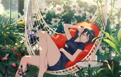 Rule 34 | 1girl, achiki, arm up, bare arms, bare legs, barefoot, black hair, blue eyes, blue shirt, blue shorts, closed mouth, collared shirt, cushion, flower, hammock, highres, looking at viewer, lying, medium hair, on back, one eye closed, original, pink flower, plant, red flower, shirt, short shorts, short sleeves, shorts, solo, white flower