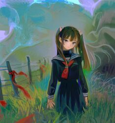 Rule 34 | 1girl, abstract background, black serafuku, black skirt, black undershirt, bow, closed mouth, expressionless, fence, floating hair, grass, grey eyes, hair bow, head tilt, long hair, long sleeves, looking at viewer, multiple hair bows, neckerchief, original, pink bow, pink lips, red neckerchief, red pupils, school uniform, serafuku, skirt, solo, standing, tall grass, turtleneck, twintails, wooden fence, yeono0