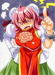 Rule 34 | 1girl, bandages, breasts, bright pupils, bun cover, chinese clothes, cuffs, double bun, fang, flower, hand on own hip, ibaraki kasen, kawachi koorogi, large breasts, lecturing, marker (medium), open mouth, pink hair, red eyes, rose, scolding, short hair, solo, tabard, touhou, traditional media