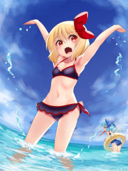 Rule 34 | 2girls, alternate costume, araki (qbthgry), armpits, arms up, bikini, black bikini, blonde hair, blue eyes, blue hair, blue one-piece swimsuit, blue sky, bow, breasts, cirno, cloud, commentary request, dated, day, fang, fisheye, food, groin, hair between eyes, hair bow, hair ribbon, head tilt, holding, holding swim ring, innertube, leaning forward, looking at viewer, looking back, lowleg, lowleg bikini, mouth hold, multiple girls, navel, ocean, one-piece swimsuit, open mouth, outdoors, popsicle, red eyes, ribbon, rumia, short hair, side-tie bikini bottom, signature, sky, small breasts, splashing, standing, swim ring, swimsuit, touhou, wading, wings