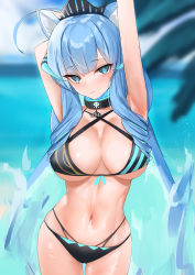 Rule 34 | 1girl, absurdres, ahoge, animal ears, armpits, arms behind head, bikini, blue eyes, blue hair, blurry, blurry background, blush, breasts, cleavage, closed mouth, cowboy shot, depth of field, drill hair, highres, large breasts, long hair, looking at viewer, navel, outdoors, prism project, rifufu, rikudou yura, solo, standing, swimsuit, underboob, very long hair, virtual youtuber