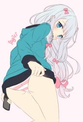 Rule 34 | 10s, 1girl, ass, blue eyes, blue hair, blush, bow, character name, covered mouth, eromanga sensei, from behind, grey hair, hair bow, hitsukuya, holding, holding phone, izumi sagiri, long hair, low-tied long hair, panties, phone, pink bow, pink panties, purple background, simple background, solo, striped clothes, striped panties, underwear, white panties