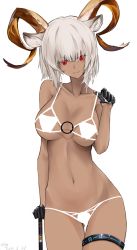 Rule 34 | 1girl, absurdres, animal ears, arknights, bikini, breasts, carnelian (arknights), collar, collarbone, commentary request, cowboy shot, dark-skinned female, dark skin, goat ears, goat girl, goat horns, hand up, hhy, highres, holding, horns, infection monitor (arknights), looking at viewer, medium breasts, navel, red eyes, short hair, solo, swimsuit, thighs, white background, white bikini, white hair