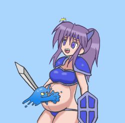 Rule 34 | 1girl, armor, bikini armor, hiiragi miki, knight (final fantasy), lucky star, ponytail, pregnant, pudding (final fantasy), purple hair, shiled, sword, weapon