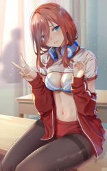 Rule 34 | 1girl, blue bra, blue eyes, bra, breasts, brown hair, brown pantyhose, buruma, cleavage, closed mouth, clothes lift, commentary request, curtains, desk, double v, flashing, frown, go-toubun no hanayome, gym uniform, hair between eyes, hands up, head tilt, headphones, headphones around neck, highres, kongbai, lace trim, lifted by self, long hair, looking at viewer, medium breasts, nakano miku, navel, off shoulder, pantyhose, red buruma, shirt, shirt lift, short sleeves, sidelocks, sitting, solo, stomach, thighband pantyhose, underwear, v, wavy mouth, white shirt