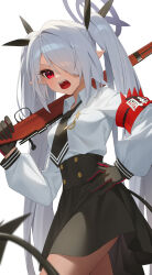 Rule 34 | 1girl, armband, black gloves, black skirt, black tail, blue archive, collared shirt, cowboy shot, dark-skinned female, dark skin, demon tail, gloves, glow (user hnpv7785), grey hair, grey halo, gun, hair over one eye, halo, highres, holding, holding gun, holding weapon, iori (blue archive), long hair, long sleeves, open mouth, pointy ears, red armband, red eyes, shirt, simple background, skirt, solo, tail, twintails, weapon, white background, white shirt