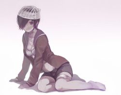 Rule 34 | 1girl, bandages, breasts, character request, cleavage, feet, full body, hair over one eye, looking at viewer, medium breasts, open clothes, short hair, shousan (hno3syo), sitting, solo, source request