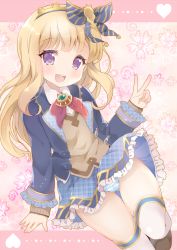 Rule 34 | 10s, 1girl, :d, blonde hair, blue skirt, blush, bow, cagliostro (granblue fantasy), granblue fantasy, hair bow, hairband, heart, kokorominton, long hair, looking at viewer, open mouth, panties, purple eyes, skirt, smile, solo, striped clothes, striped panties, thighhighs, underwear, v, white thighhighs