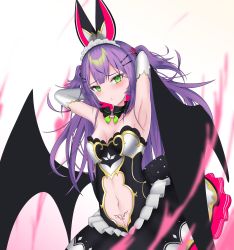 Rule 34 | 1girl, armpits, arms up, bare shoulders, blush, breasts, clothing cutout, detached collar, detached sleeves, frills, furrowed brow, green eyes, highres, hololive, long hair, looking at viewer, lunariskat, magical girl, navel, pubic tattoo, purple hair, skirt, small breasts, solo, stomach, stomach cutout, straight hair, tattoo, tokoyami towa, virtual youtuber, white background, wings
