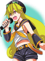 Rule 34 | 1girl, aqua background, belt, blonde hair, blouse, cosplay, curly hair, fang, hat, johnny funamushi, kagamine rin, kagamine rin (cosplay), long hair, marivel armitage, microphone, midriff, music, parody, pink eyes, pointy ears, shirt, singing, solo, vampire, vocaloid, white shirt, wild arms, wild arms 2