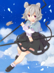 Rule 34 | 1girl, akagashi hagane, animal ears, blue sky, bobby socks, cloud, day, dowsing rod, flying, jewelry, mouse (animal), mouse ears, mouse tail, nazrin, pendant, petals, pink eyes, short hair, silver hair, skirt, sky, socks, solo, tail, touhou, x arms