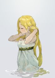 Rule 34 | 1girl, bare shoulders, blonde hair, dress, closed eyes, grey background, hands in hair, highres, jewelry, koi (nisikicoi), long hair, necklace, nintendo, pointy ears, princess zelda, profile, simple background, sleeveless, sleeveless dress, solo, the legend of zelda, the legend of zelda: breath of the wild, thick eyebrows, wading, water, wet, wet clothes, wet hair, white dress
