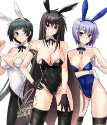 Rule 34 | 3girls, animal ears, arm strap, bare shoulders, black bow, black bowtie, black hair, black hairband, black leotard, black pantyhose, black sleeves, black thighhighs, blue eyes, blue hair, blue leotard, blue ribbon, blunt bangs, blush, bow, bowtie, breasts, brown thighhighs, cleavage, closed mouth, commentary request, crossed bangs, dated, detached collar, fake animal ears, feet out of frame, gloves, hair between eyes, hairband, hand on own hip, highres, kawakami momoyo, large breasts, leotard, long hair, looking at viewer, low twintails, maji de watashi ni koi shinasai!, mayuzumi yukie, medium breasts, multiple girls, neck ribbon, pantyhose, playboy bunny, purple eyes, rabbit ears, rabbit tail, red eyes, ribbon, shiina miyako, short hair, signature, simple background, smile, standing, strapless, strapless leotard, tail, thighhighs, twintails, twitter username, very long hair, white background, white gloves, white leotard, white ribbon, wrist cuffs, yoo tenchi