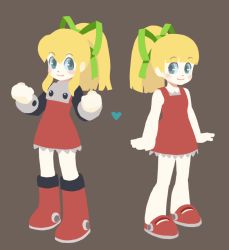 Rule 34 | 1girl, blonde hair, blue eyes, blush, boots, brown background, capcom, coramune, dress, dual persona, flat color, full body, heart, knee boots, mega man (classic), mega man (series), ponytail, red skirt, ribbon, roll (mega man), simple background, skirt, smile
