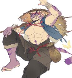Rule 34 | 1boy, abs, absurdres, alternate costume, animal ears, bara, bare pectorals, barefoot, bulge, diamond (shape), facial hair, foot out of frame, forked eyebrows, furry, furry male, goatee, hat, highres, kuroshima kurishiro (muyi24108414), large pectorals, looking at viewer, male focus, mouth hold, muscular, muscular male, navel, original, pants, pants rolled up, pectorals, purple fur, sadiend, sitting, smirk, solo, stalk in mouth, stomach, straw hat, strongman waist, thick eyebrows, tiger boy, tiger ears, two-tone fur, unfinished, waving, white hair