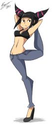 Rule 34 | 1girl, alternate costume, bigdead, black eyes, black hair, breasts, casual, denim, drill hair, flexible, full body, han juri, high heels, highres, jeans, long legs, navel, pants, short twintails, solo, spiked hair, sports bra, standing, standing on one leg, street fighter, street fighter iv (series), stretching, twin drills, twintails