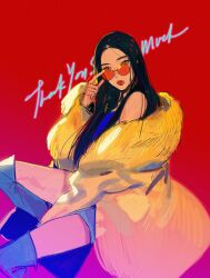 1girl adjusting_eyewear bare_shoulders black_hair boots coat commentary english_commentary english_text hand_on_eyewear highres k-pop kim_yubin long_hair looking_to_the_side ngop orange-tinted_eyewear real_life red_background red_lips simple_background sitting solo sunglasses thigh_boots tinted_eyewear yellow_coat