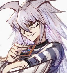 Rule 34 | 1boy, bakura ryou, blue shirt, brown eyes, card, commentary request, dark necrofear, evil grin, evil smile, grin, highres, holding, holding card, long hair, male focus, open mouth, shirt, simple background, sketch, smile, solo, sookmo, spiked hair, striped clothes, striped shirt, teeth, white background, white hair, white shirt, yami bakura, yu-gi-oh!, yu-gi-oh! duel monsters